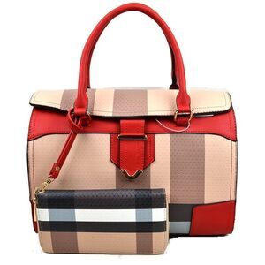 2-N-1 Plaid Print Flap Boston Satchel Bag & Wallet